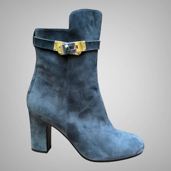 Hermes Kelly Joueuse Bleu Ardois Goat Suede Ankle Boots EU 38.5 Zippered - Picture 1 of 11